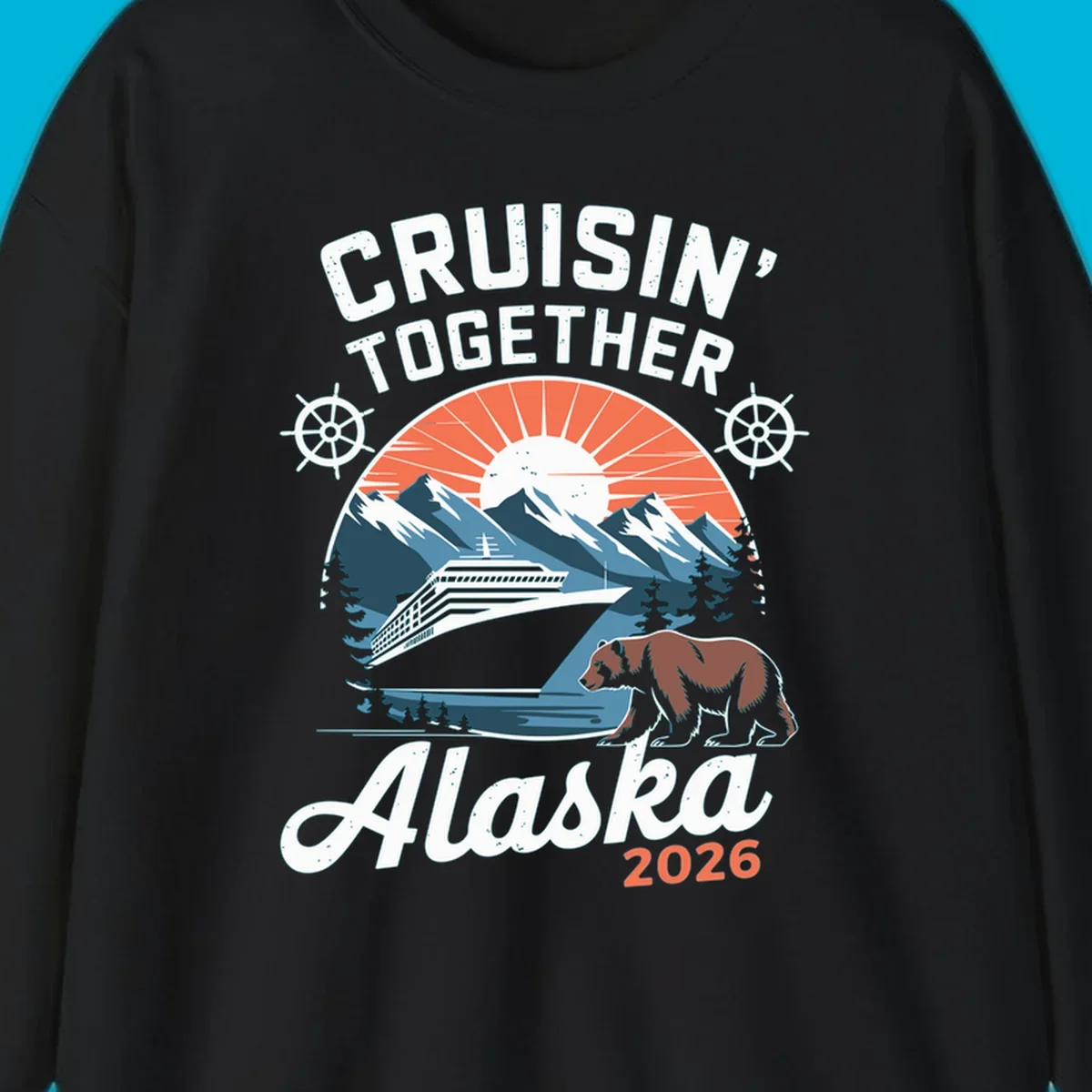 Vintage style illustration for Cruisin' Together Alaska 2026, showing a cruise ship, mountains, sun, and a brown bear.
