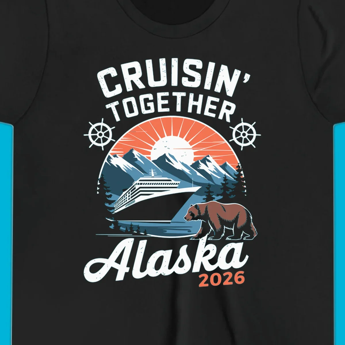 Vintage style illustration for Cruisin' Together Alaska 2026, showing a cruise ship, mountains, sun, and a brown bear.