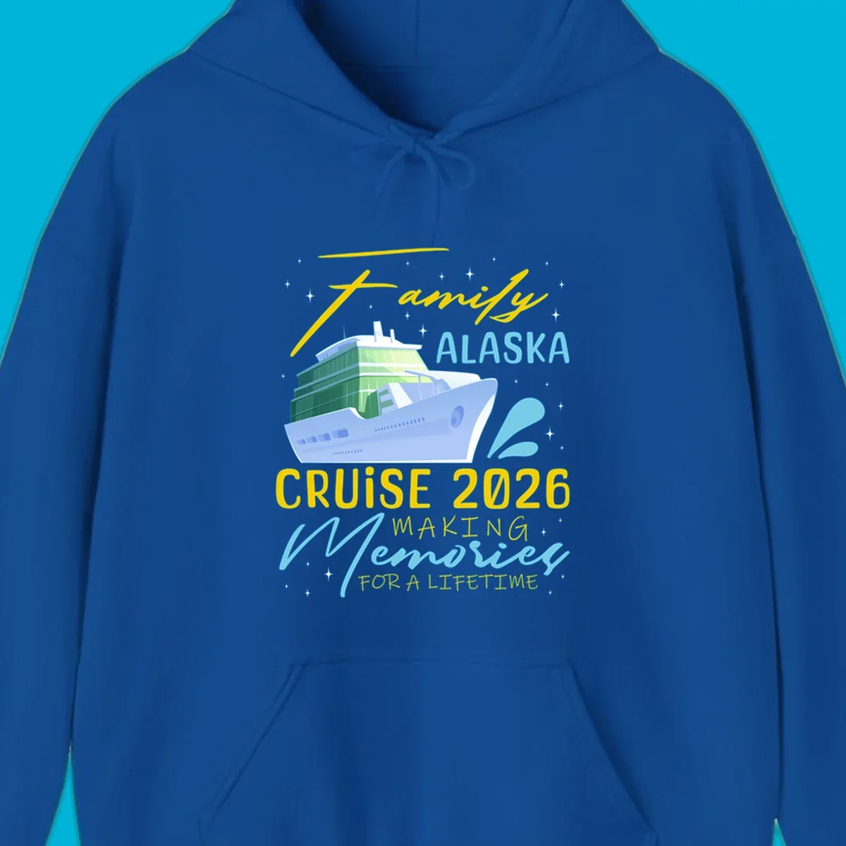 An illustration of a cruise ship with text 'Family Alaska Cruise 2026 Making Memories For A Lifetime' on a starry background.