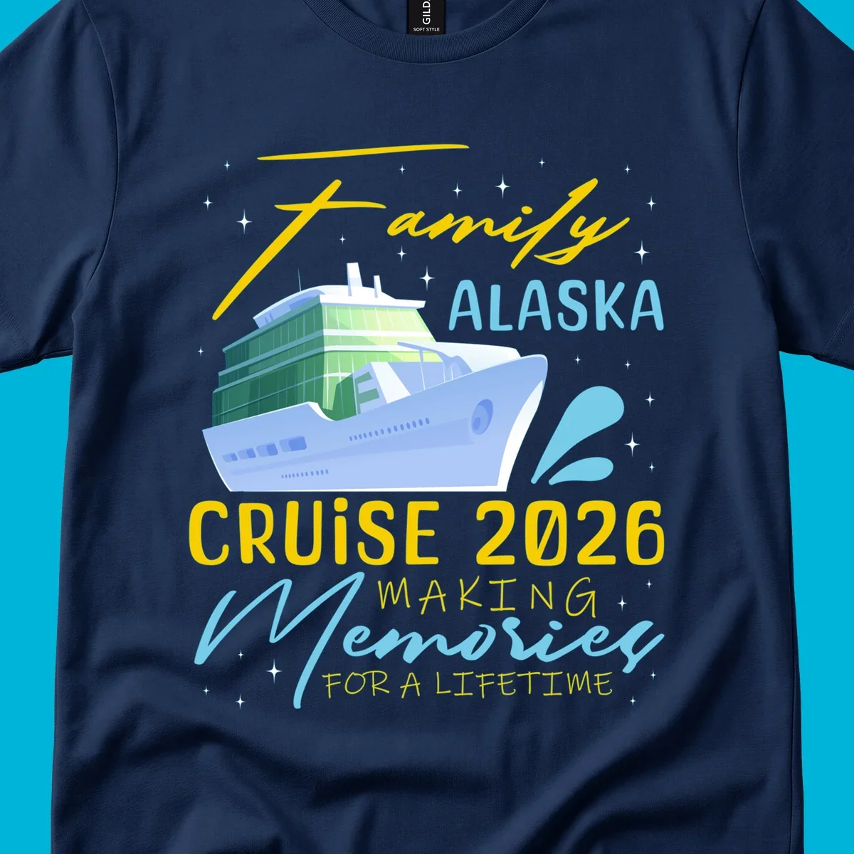 An illustration of a cruise ship with text 'Family Alaska Cruise 2026 Making Memories For A Lifetime' on a starry background.