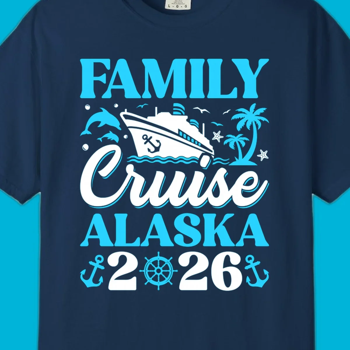 Illustrated design for a family Alaska cruise 2026 featuring a cruise ship, dolphins, anchors, and palm trees.