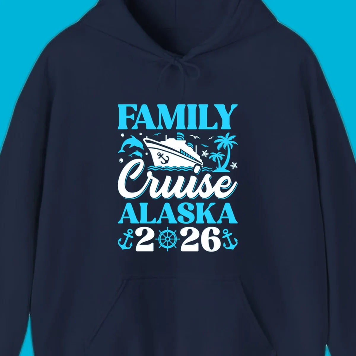Illustrated design for a family Alaska cruise 2026 featuring a cruise ship, dolphins, anchors, and palm trees.