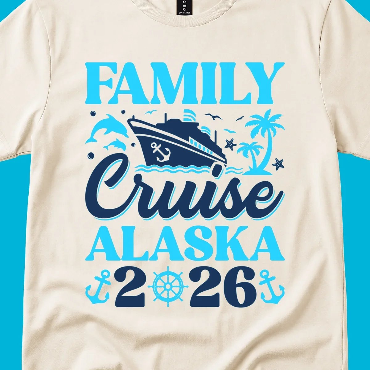 Illustrated design for a family Alaska cruise 2026 featuring a cruise ship, dolphins, anchors, and palm trees.