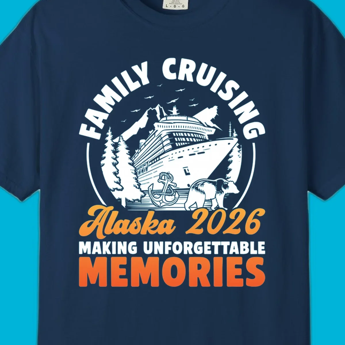 Illustrated family Alaska cruise 2026 design with a ship, mountains, evergreen trees, an anchor, and a bear.
