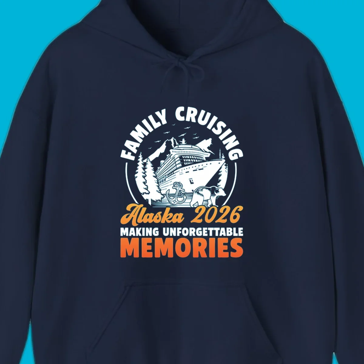 Illustrated family Alaska cruise 2026 design with a ship, mountains, evergreen trees, an anchor, and a bear.