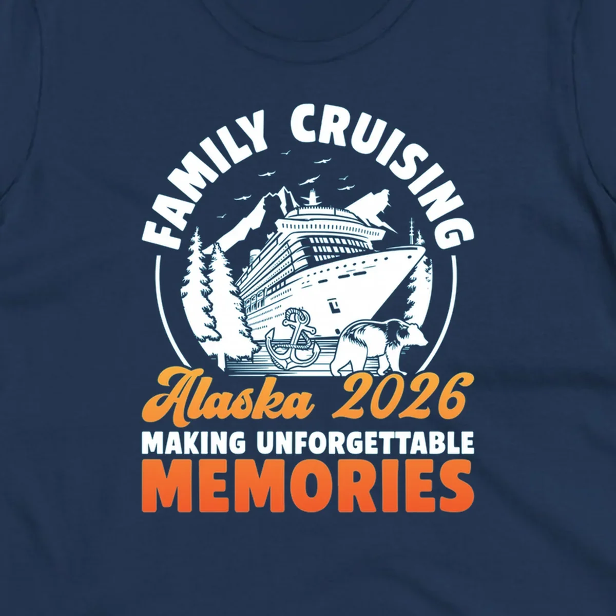 Illustrated family Alaska cruise 2026 design with a ship, mountains, evergreen trees, an anchor, and a bear.