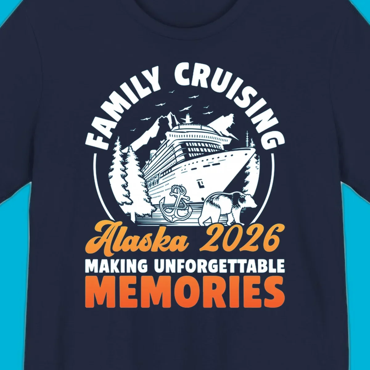 Illustrated family Alaska cruise 2026 design with a ship, mountains, evergreen trees, an anchor, and a bear.