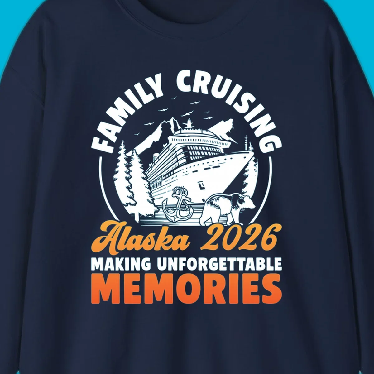Illustrated family Alaska cruise 2026 design with a ship, mountains, evergreen trees, an anchor, and a bear.