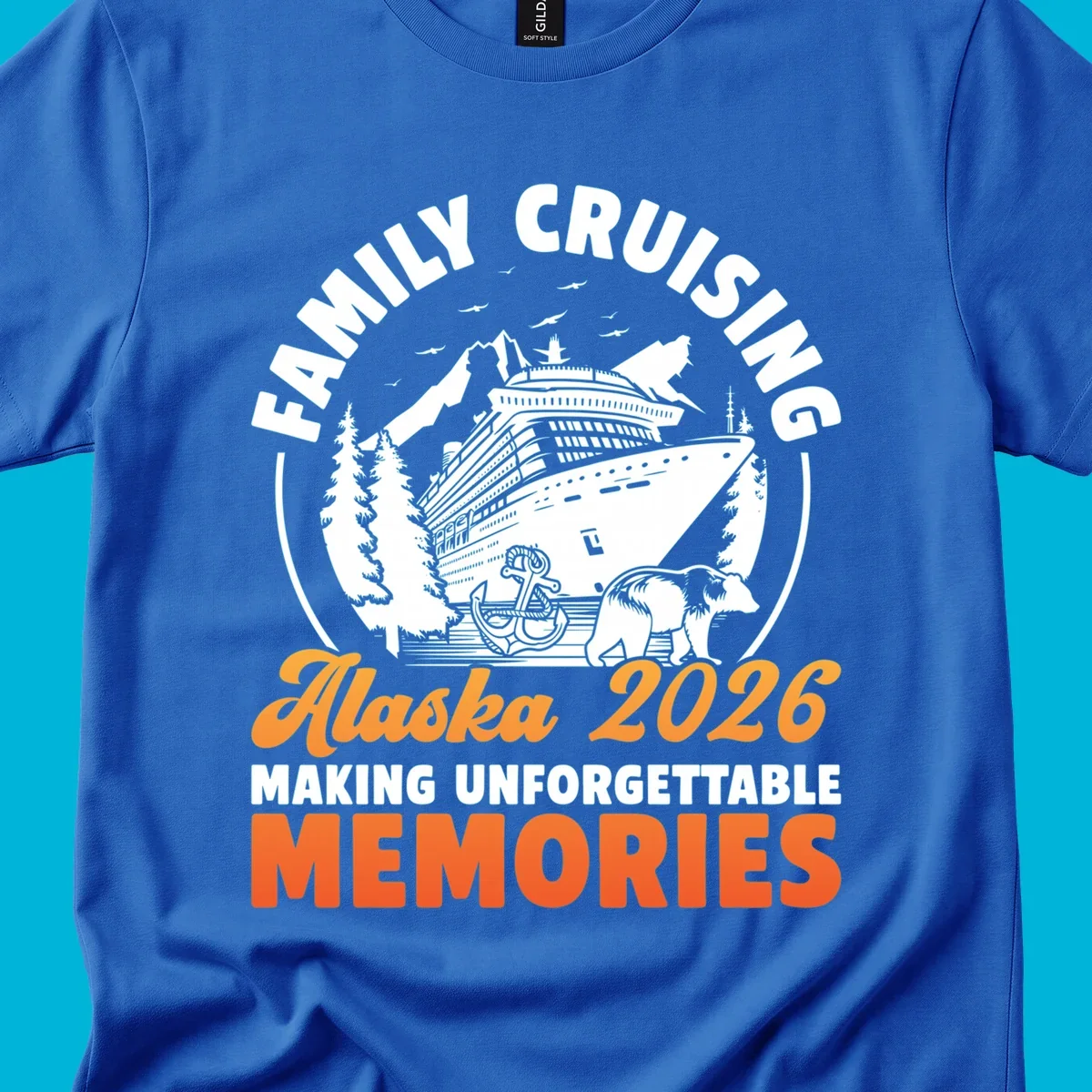 Illustrated family Alaska cruise 2026 design with a ship, mountains, evergreen trees, an anchor, and a bear.