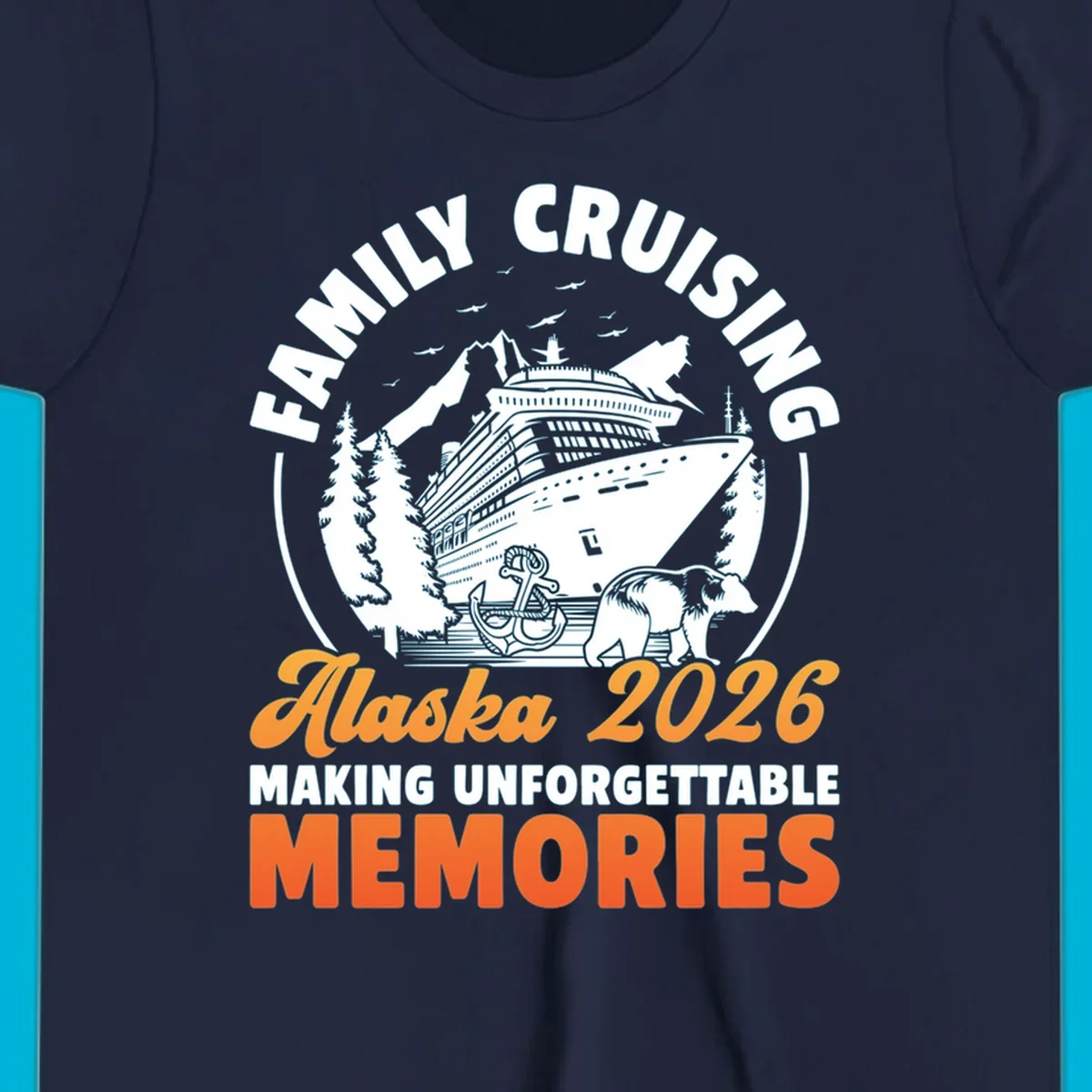 Illustrated family Alaska cruise 2026 design with a ship, mountains, evergreen trees, an anchor, and a bear.