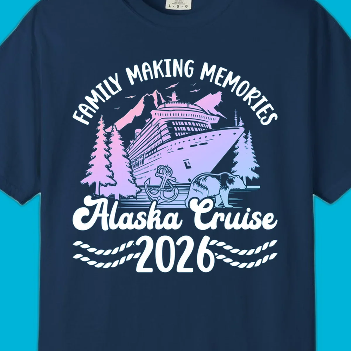Scenic design for a family Alaska cruise 2026, featuring a ship, mountains, trees, bear, and an anchor.