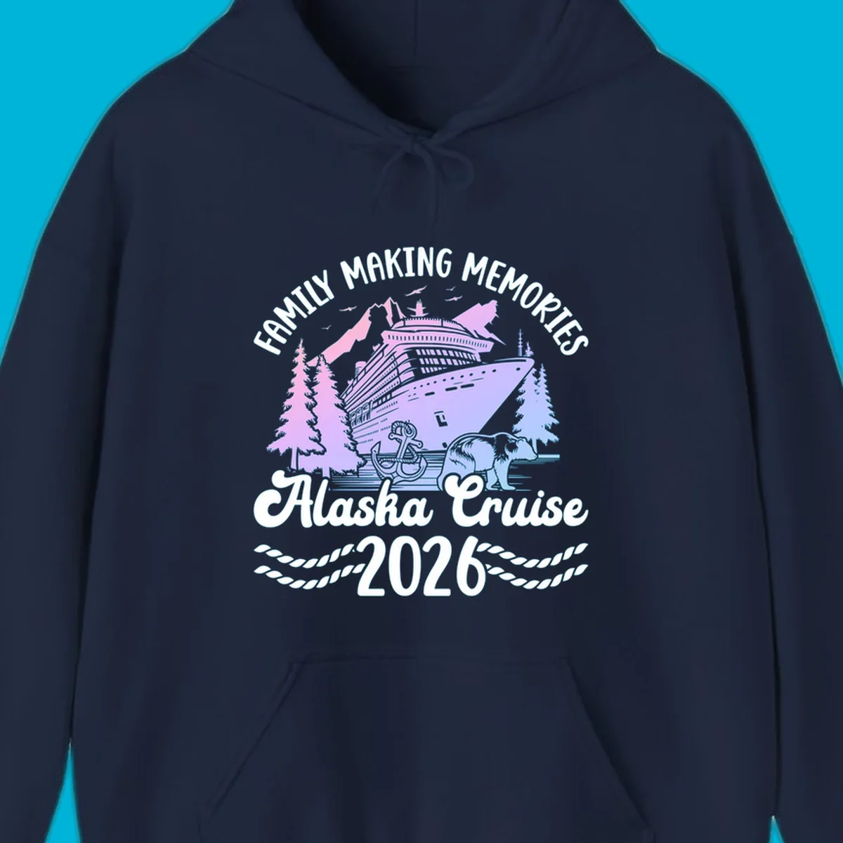 Scenic design for a family Alaska cruise 2026, featuring a ship, mountains, trees, bear, and an anchor.