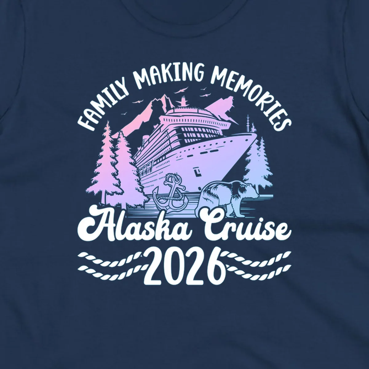 Scenic design for a family Alaska cruise 2026, featuring a ship, mountains, trees, bear, and an anchor.