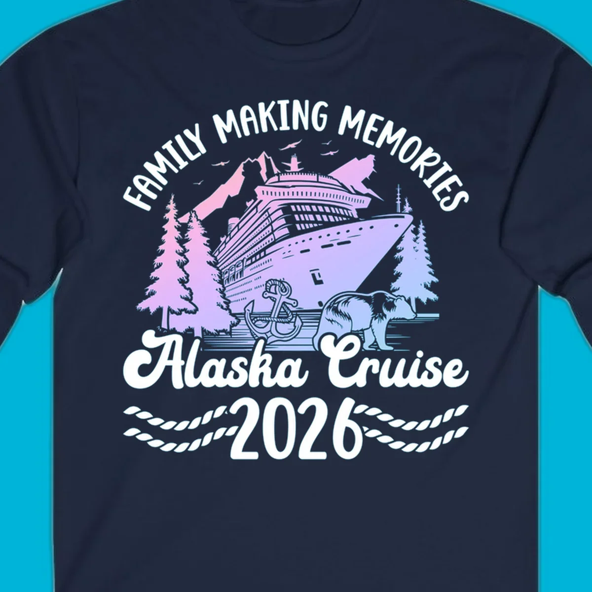 Scenic design for a family Alaska cruise 2026, featuring a ship, mountains, trees, bear, and an anchor.
