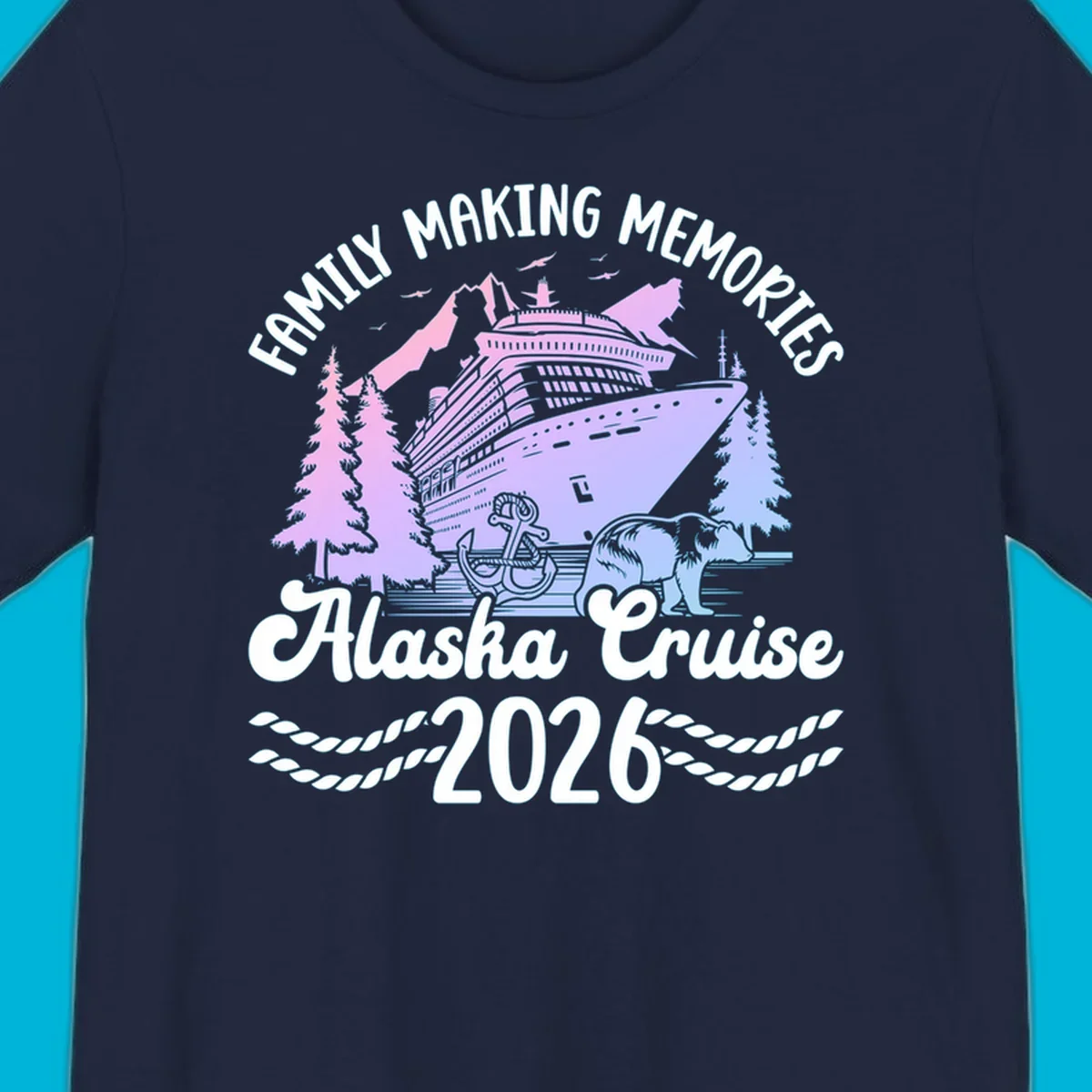 Scenic design for a family Alaska cruise 2026, featuring a ship, mountains, trees, bear, and an anchor.