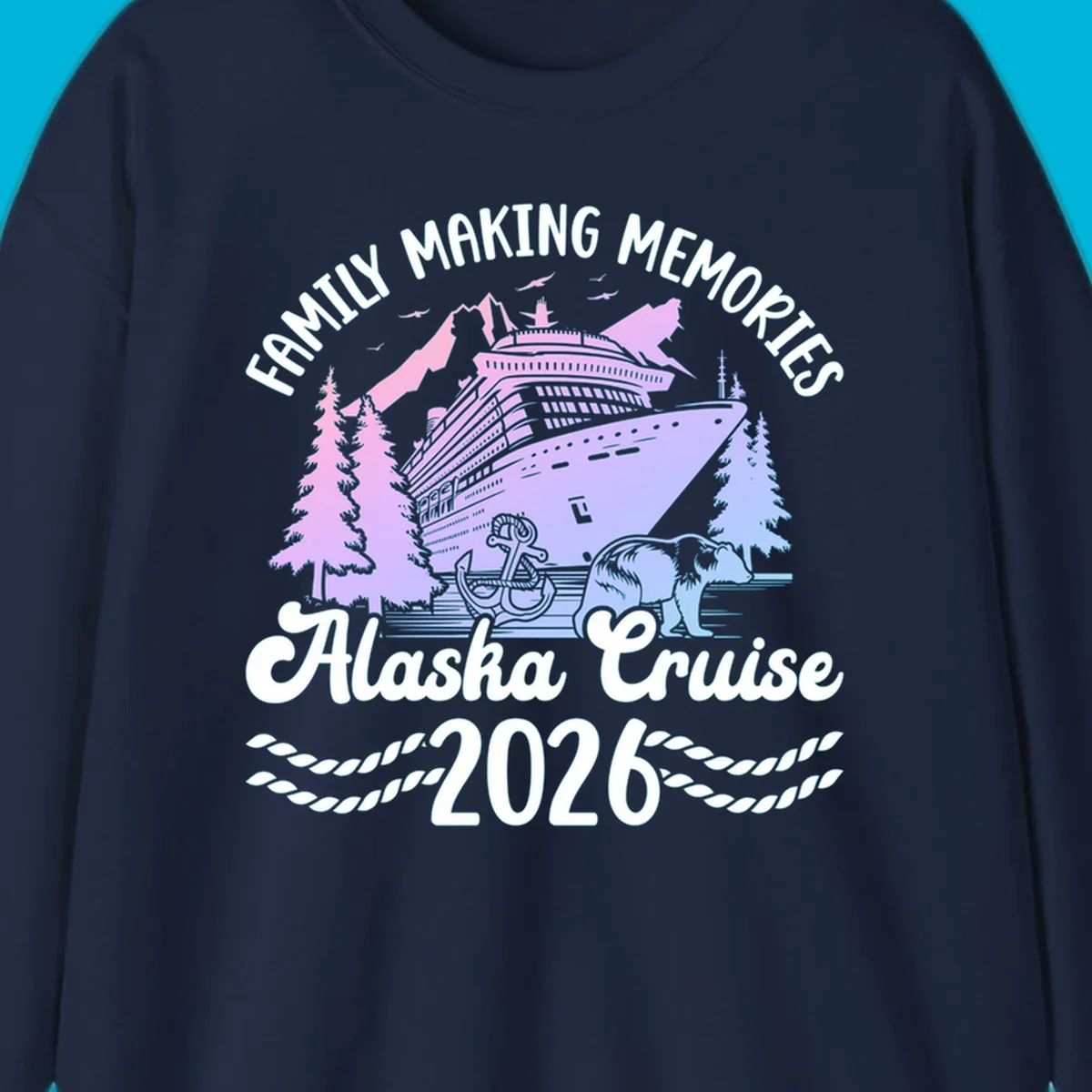 Scenic design for a family Alaska cruise 2026, featuring a ship, mountains, trees, bear, and an anchor.