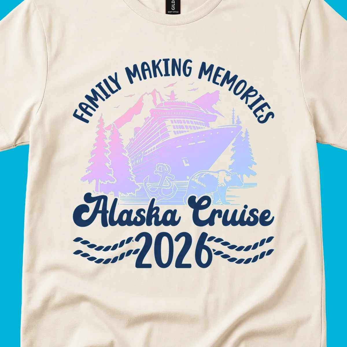 Scenic design for a family Alaska cruise 2026, featuring a ship, mountains, trees, bear, and an anchor.