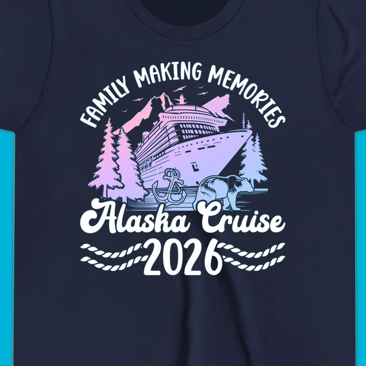 Scenic design for a family Alaska cruise 2026, featuring a ship, mountains, trees, bear, and an anchor.