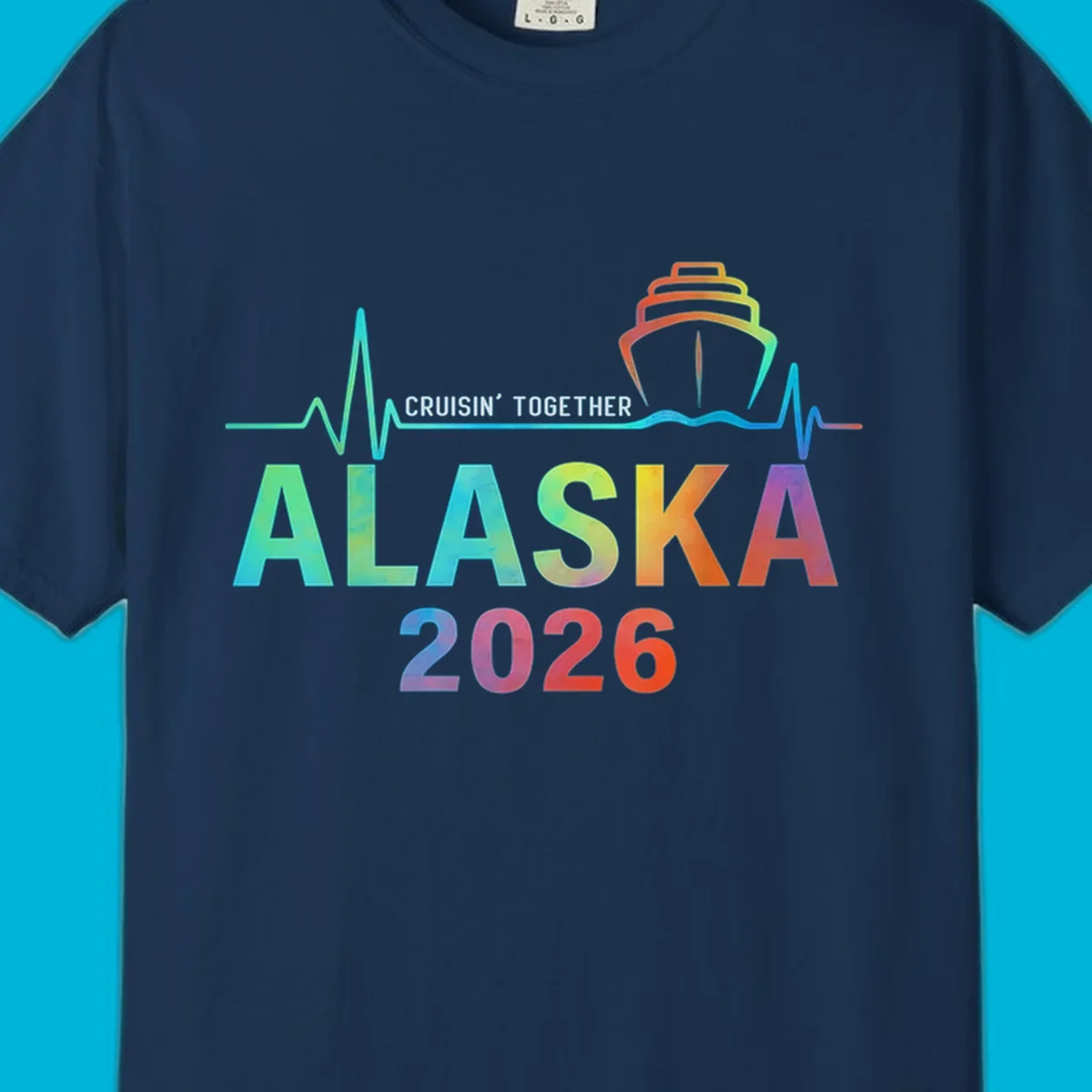 Design for an Alaska 2026 cruise featuring a colorful ship and heartbeat line above gradient text 'ALASKA 2026'.
