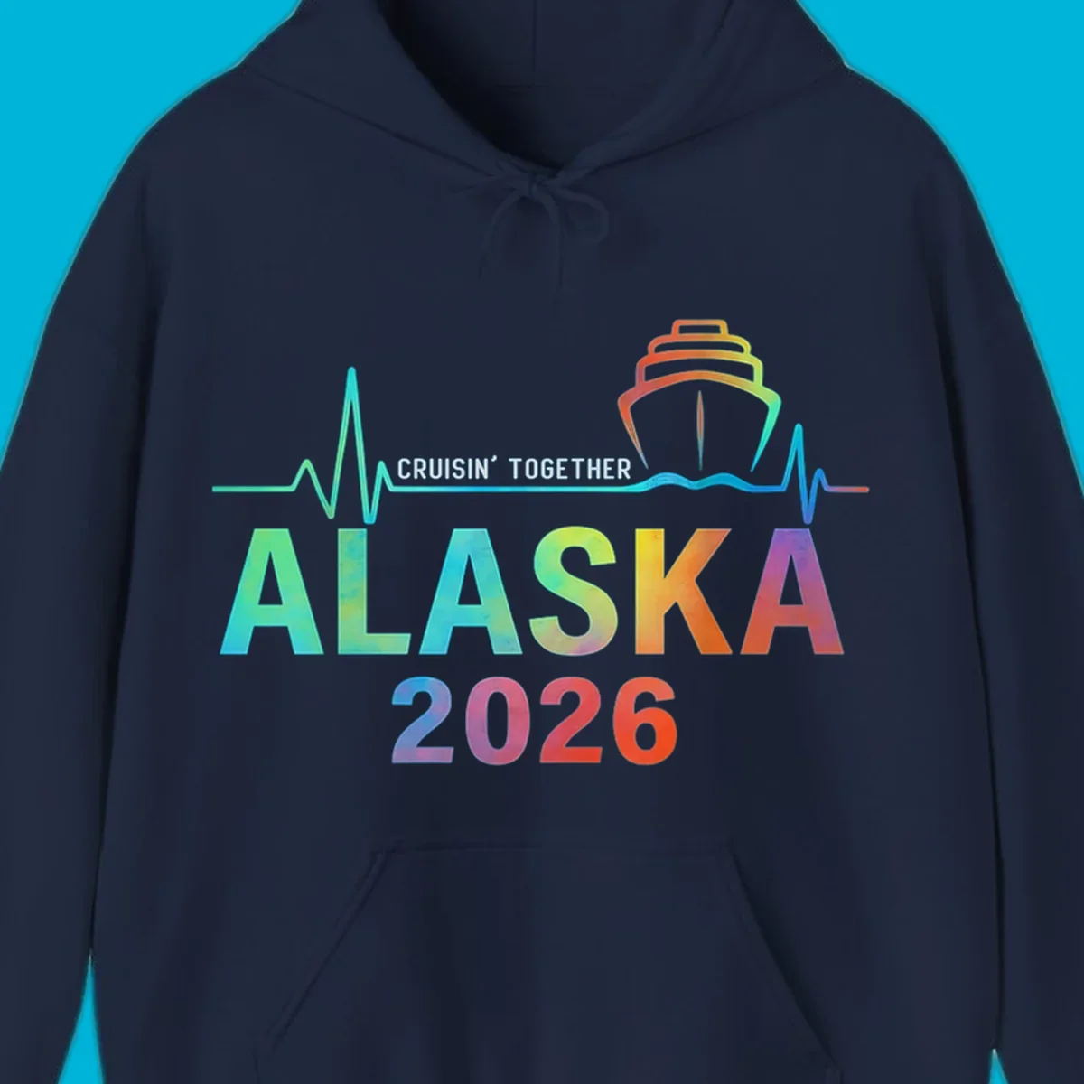Design for an Alaska 2026 cruise featuring a colorful ship and heartbeat line above gradient text 'ALASKA 2026'.
