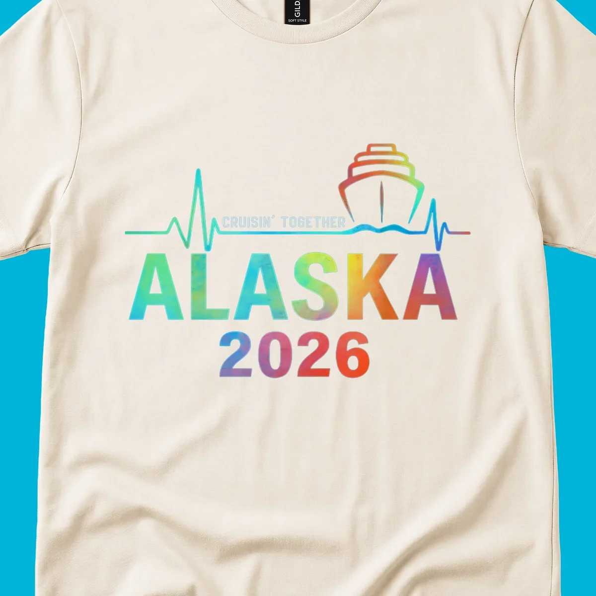 Design for an Alaska 2026 cruise featuring a colorful ship and heartbeat line above gradient text 'ALASKA 2026'.