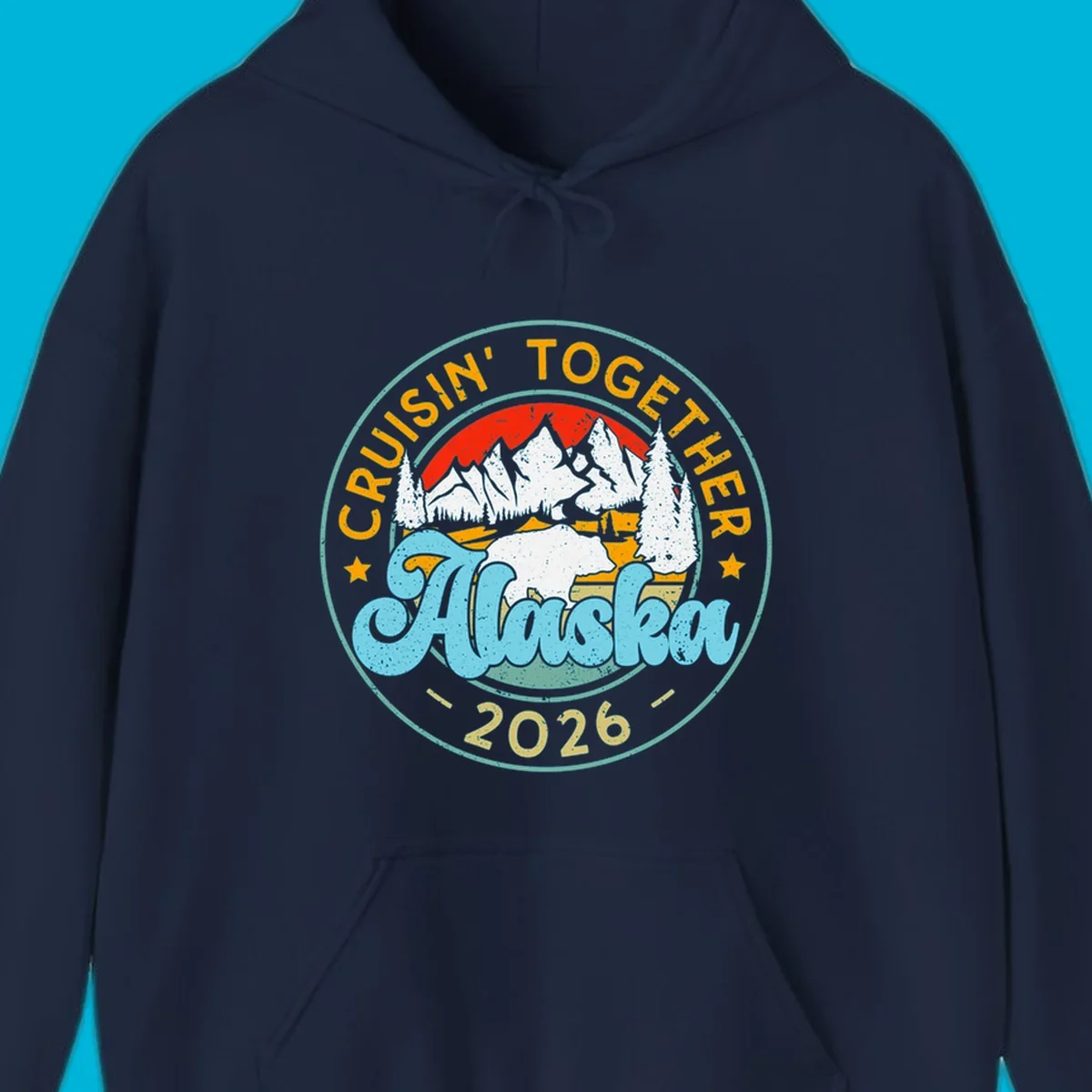 Vintage circular badge design for an Alaska 2026 cruise, with 'Cruisin' Together' text, a bear in a mountain landscape, and pine trees.