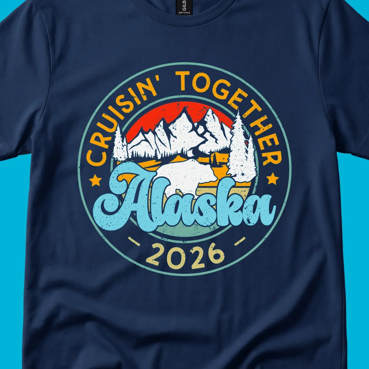 Vintage circular badge design for an Alaska 2026 cruise, with 'Cruisin' Together' text, a bear in a mountain landscape, and pine trees.