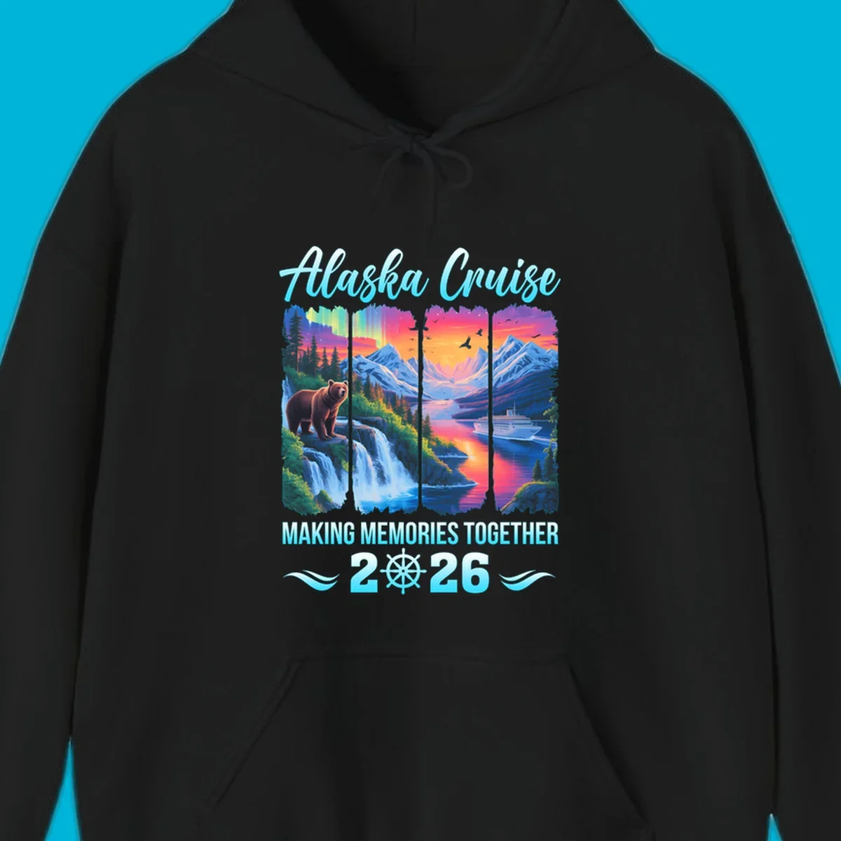 Scenic Alaska cruise design for 2026 with a brown bear, waterfall, aurora, mountains, and a ship. This alaska-memories-2026 design features the text "Alaska Cruise Making Memories Together 2026".