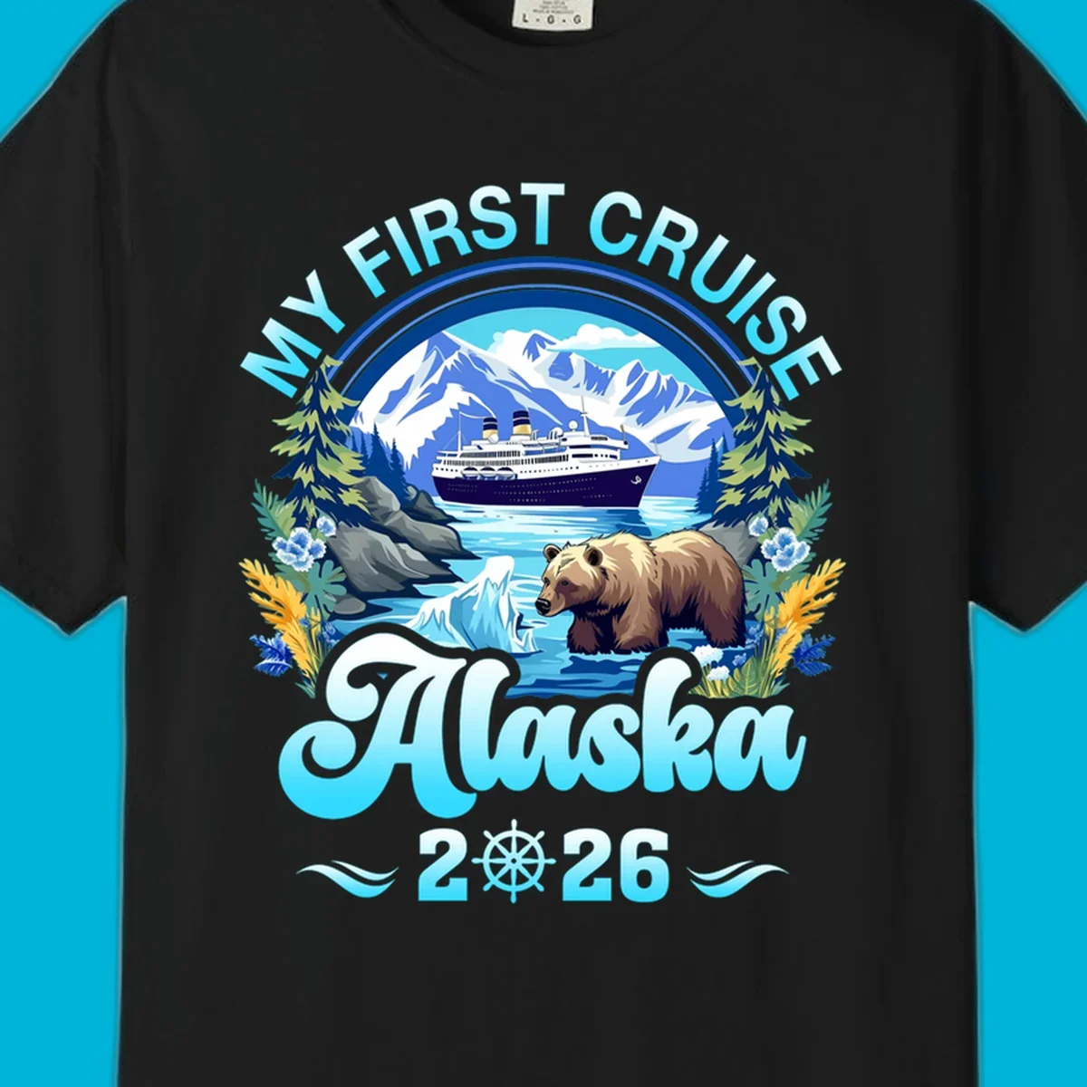 A scenic design for a my-first-alaska-cruise, featuring a ship, mountains, a bear, and the text 'MY FIRST CRUISE Alaska 2026'.