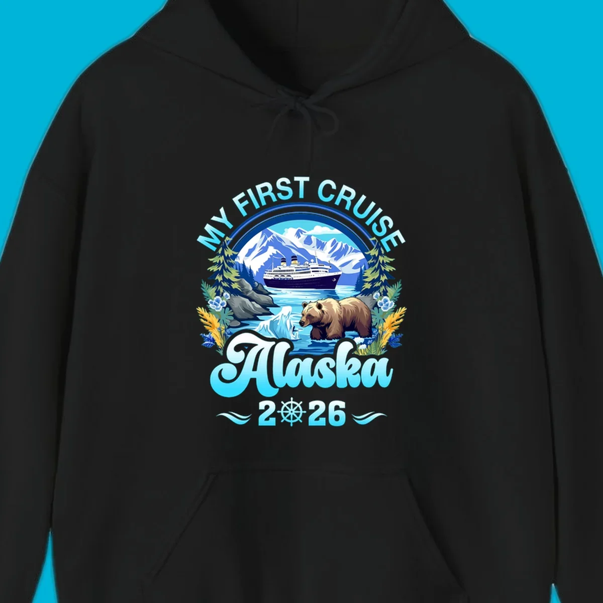 A scenic design for a my-first-alaska-cruise, featuring a ship, mountains, a bear, and the text 'MY FIRST CRUISE Alaska 2026'.