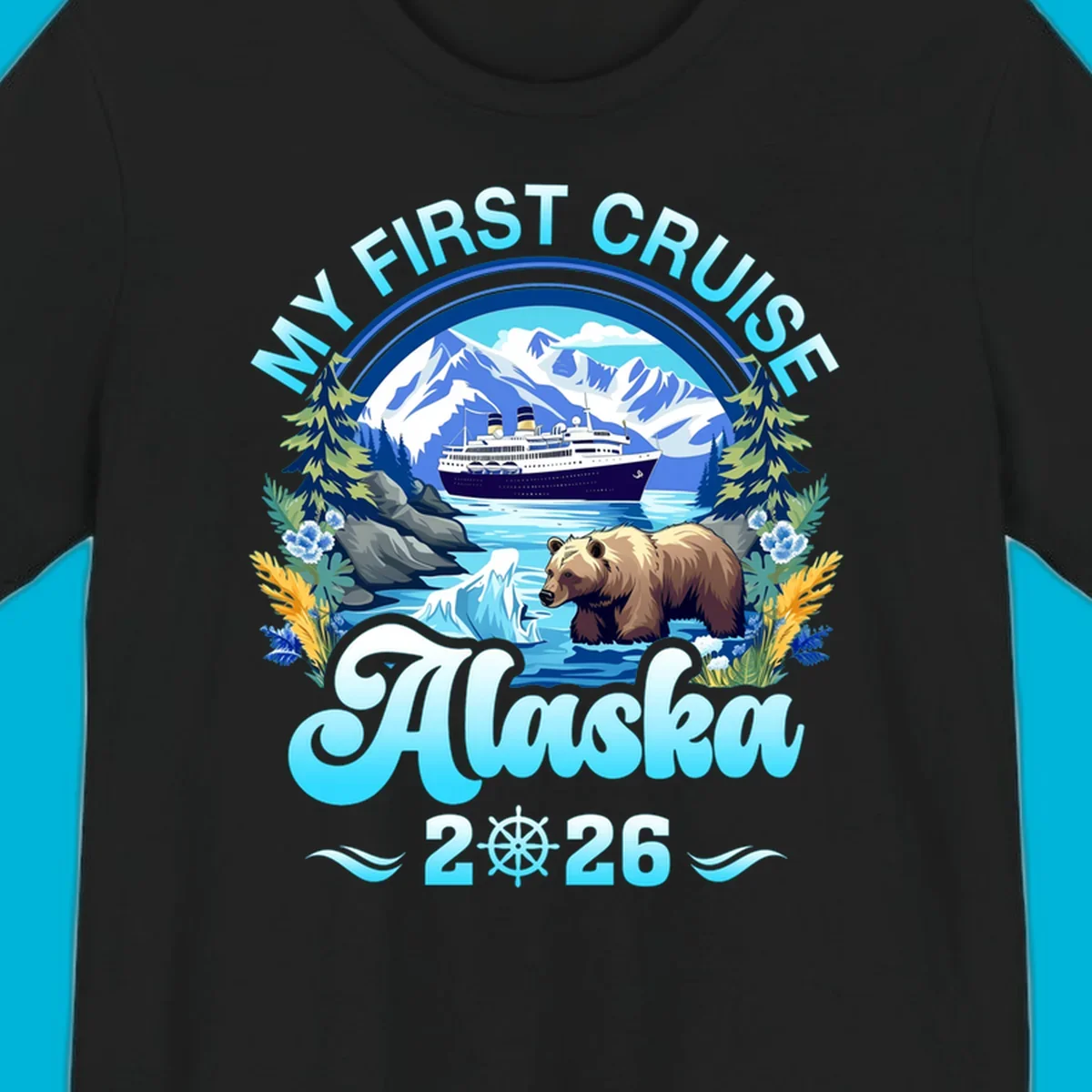 A scenic design for a my-first-alaska-cruise, featuring a ship, mountains, a bear, and the text 'MY FIRST CRUISE Alaska 2026'.