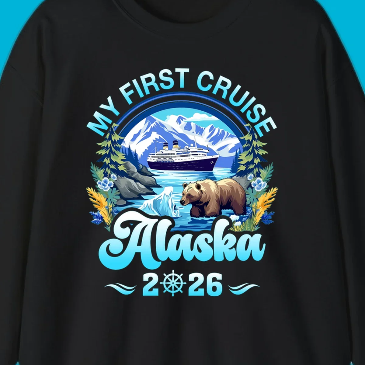 A scenic design for a my-first-alaska-cruise, featuring a ship, mountains, a bear, and the text 'MY FIRST CRUISE Alaska 2026'.