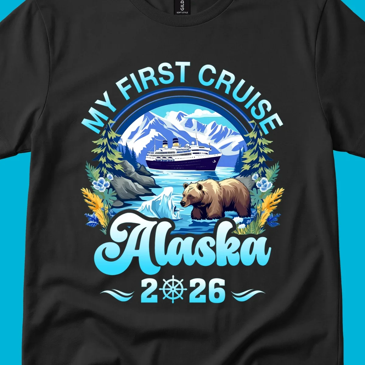 A scenic design for a my-first-alaska-cruise, featuring a ship, mountains, a bear, and the text 'MY FIRST CRUISE Alaska 2026'.