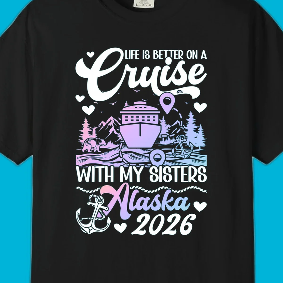 A scenic illustration for a sisters Alaska cruise 2026, featuring a ship, bear, mountains, and text.