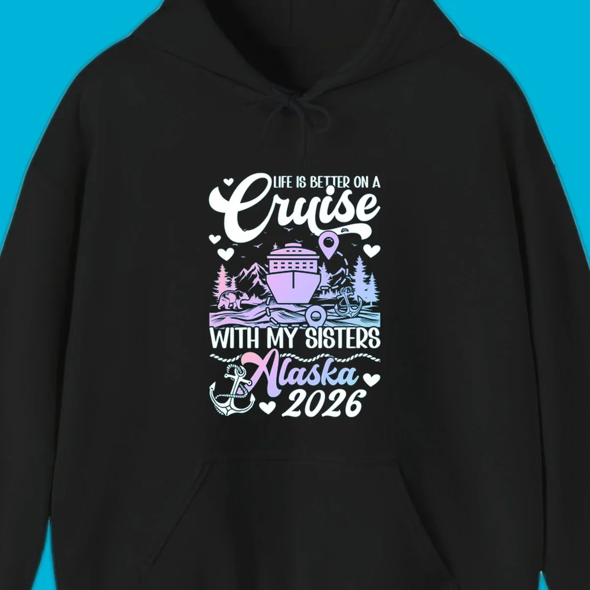A scenic illustration for a sisters Alaska cruise 2026, featuring a ship, bear, mountains, and text.