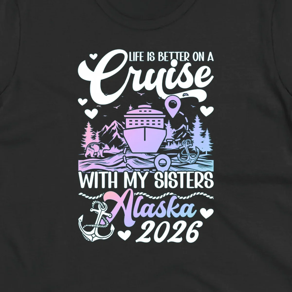 A scenic illustration for a sisters Alaska cruise 2026, featuring a ship, bear, mountains, and text.