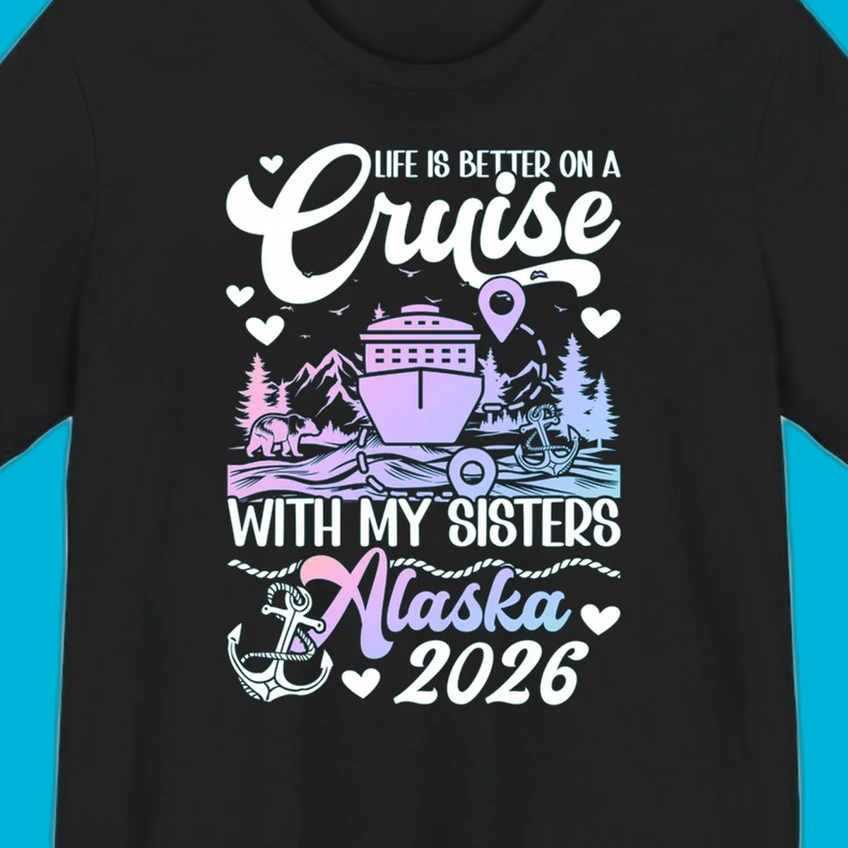 A scenic illustration for a sisters Alaska cruise 2026, featuring a ship, bear, mountains, and text.