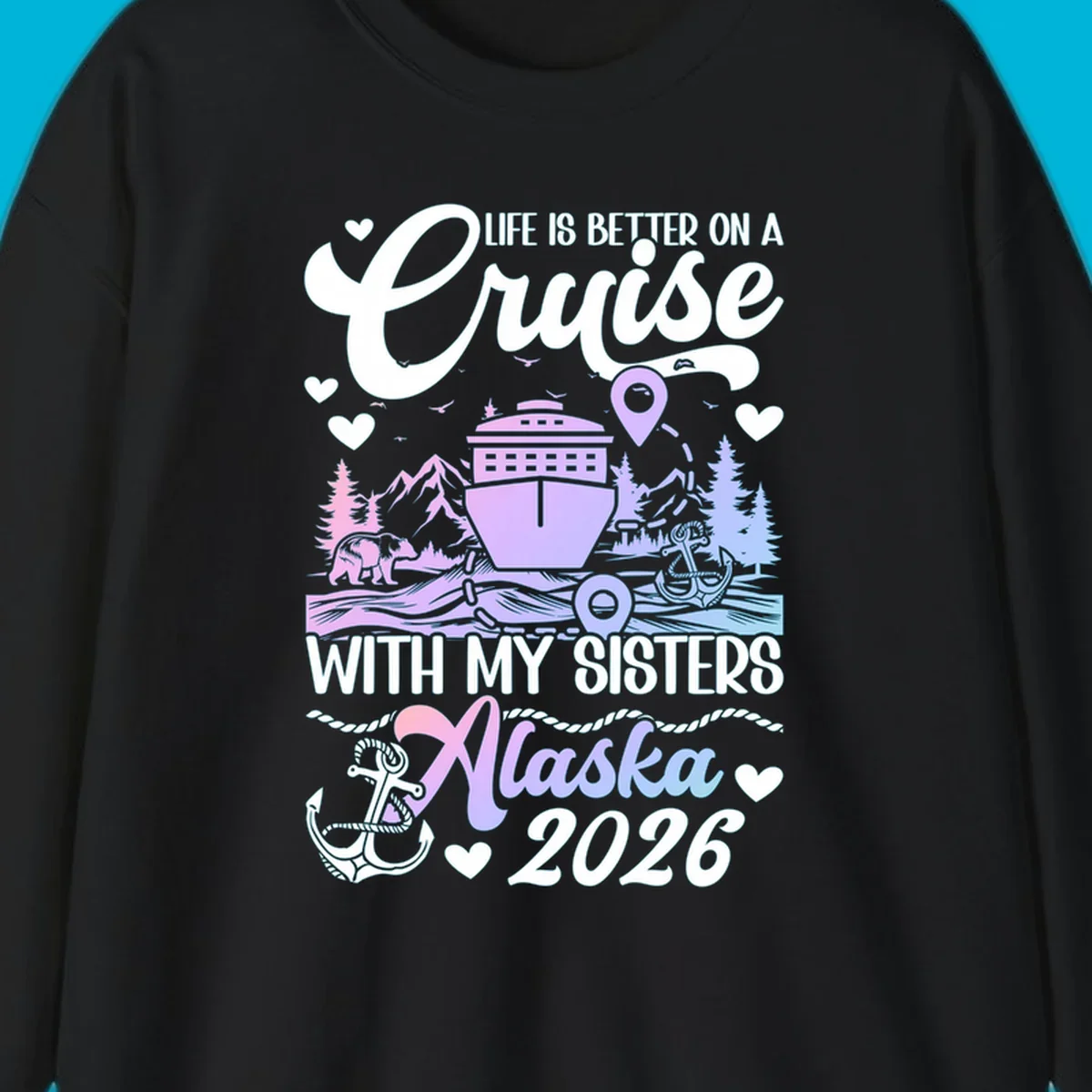 A scenic illustration for a sisters Alaska cruise 2026, featuring a ship, bear, mountains, and text.