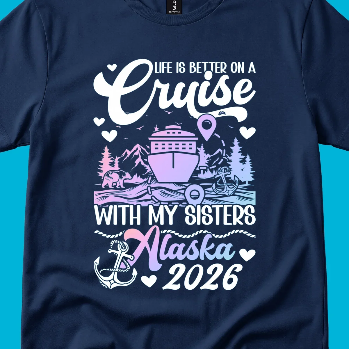 A scenic illustration for a sisters Alaska cruise 2026, featuring a ship, bear, mountains, and text.