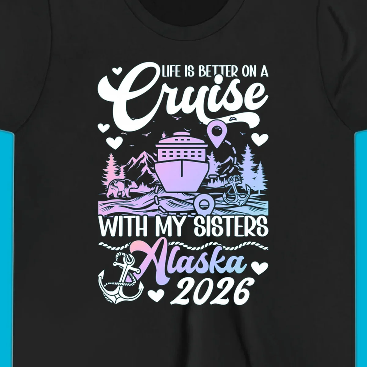 A scenic illustration for a sisters Alaska cruise 2026, featuring a ship, bear, mountains, and text.