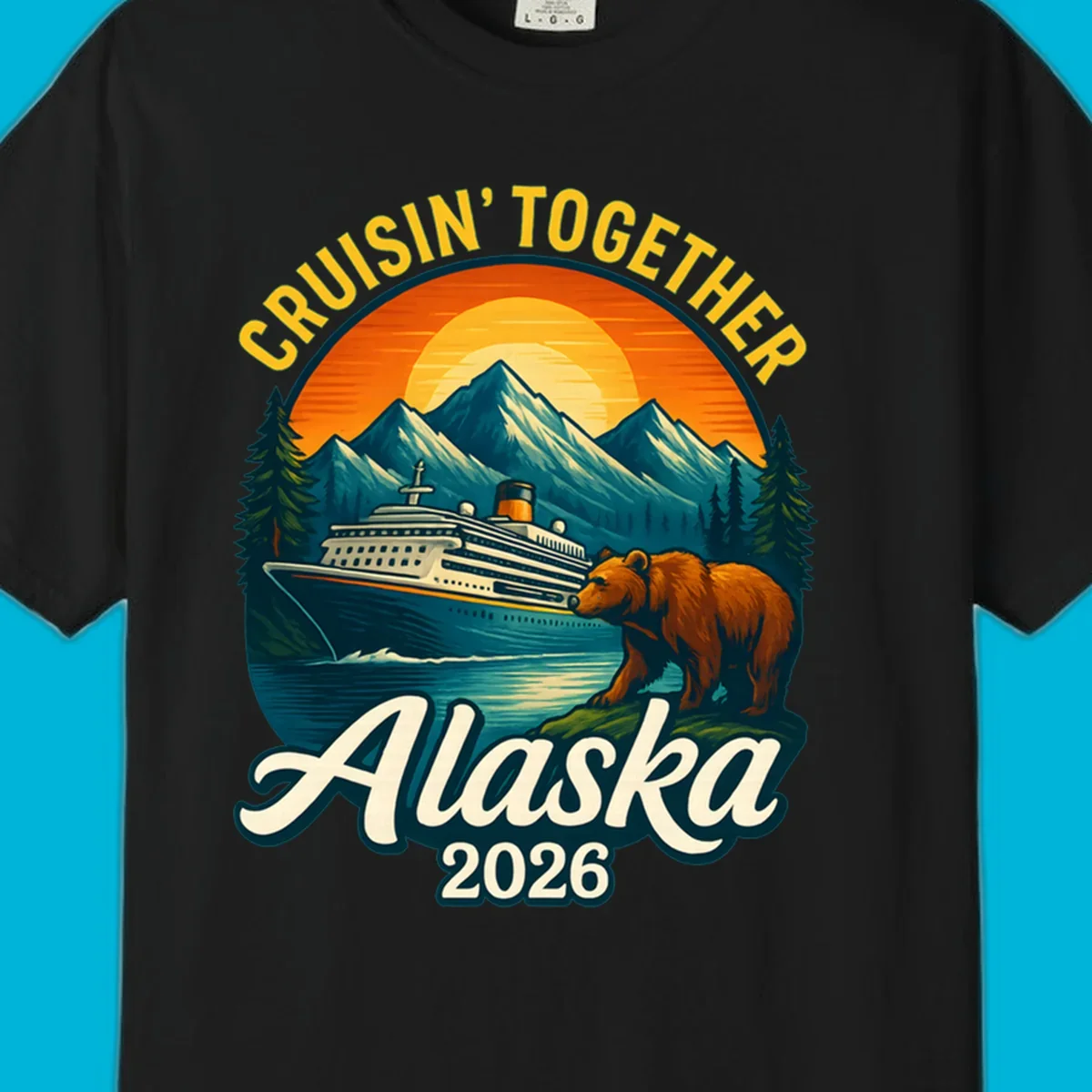 Vintage style illustration for an alaska cruisin together bear ship cruise. A ship sails past mountains, a bear stands on shore.