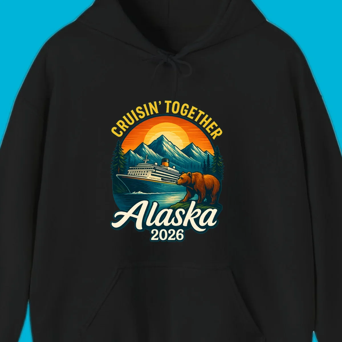 Vintage style illustration for an alaska cruisin together bear ship cruise. A ship sails past mountains, a bear stands on shore.