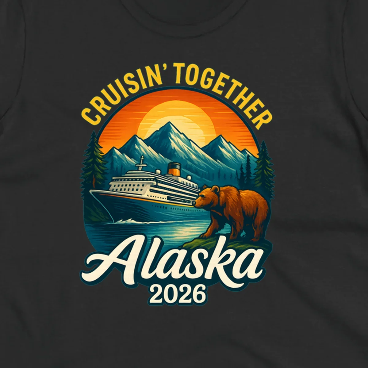 Vintage style illustration for an alaska cruisin together bear ship cruise. A ship sails past mountains, a bear stands on shore.