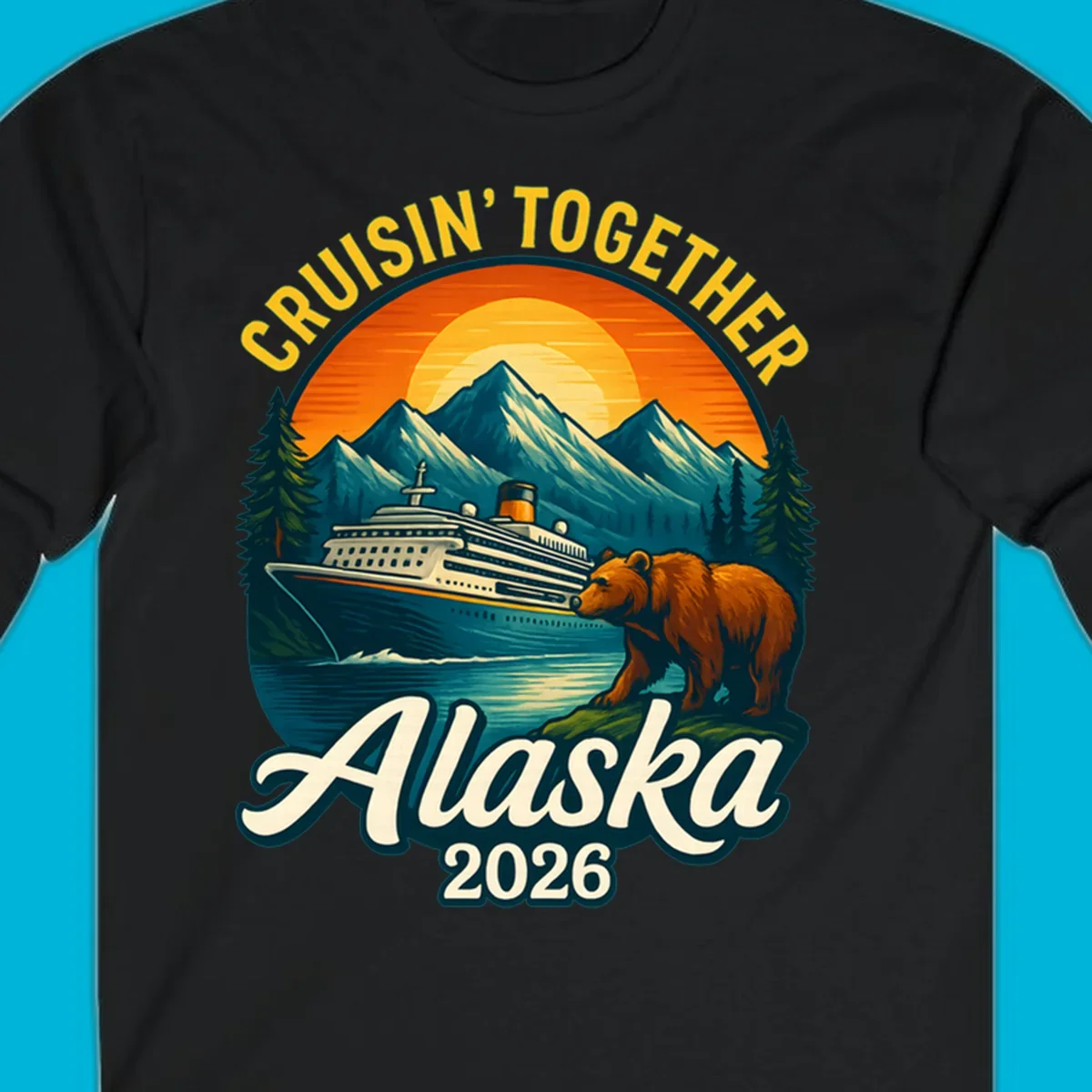 Vintage style illustration for an alaska cruisin together bear ship cruise. A ship sails past mountains, a bear stands on shore.