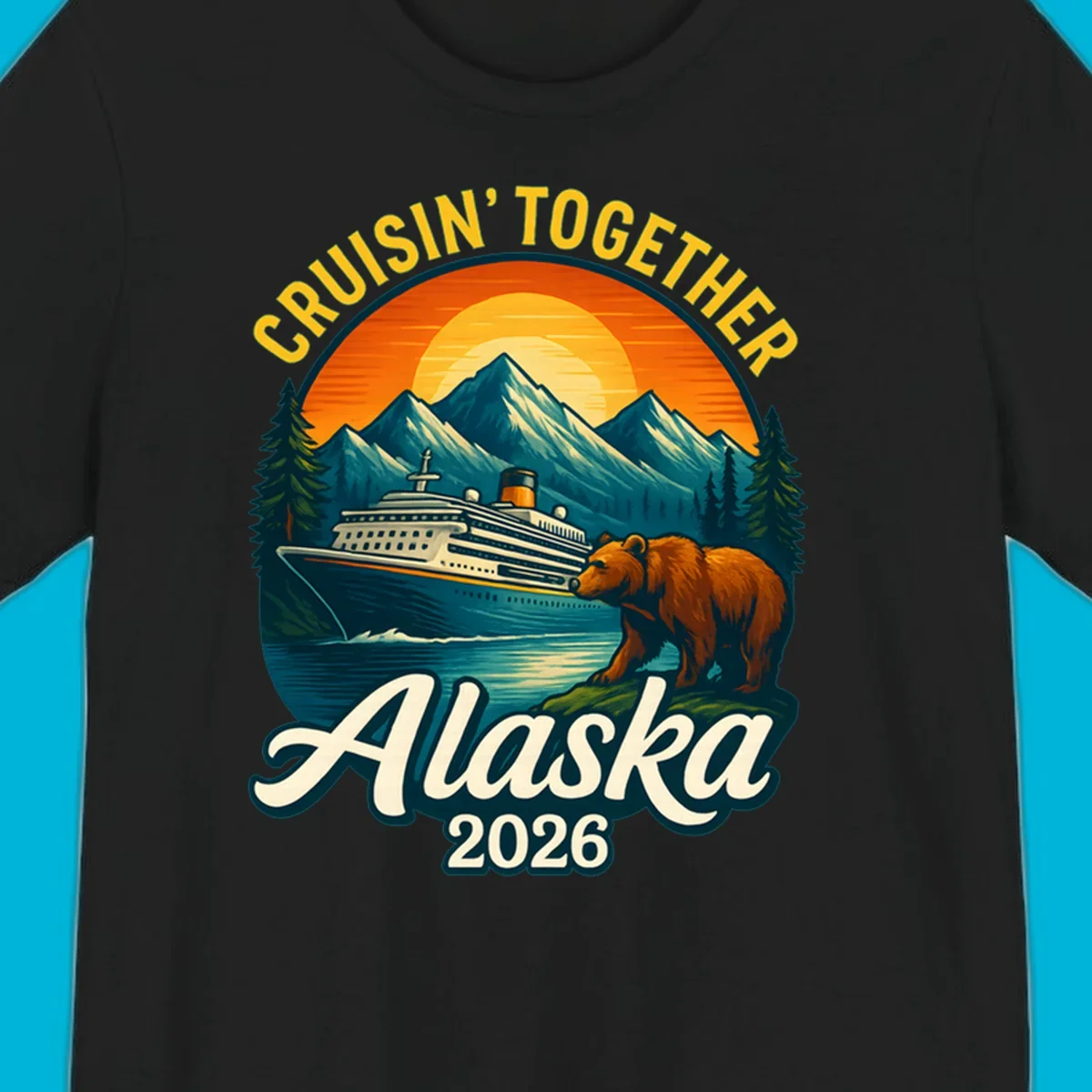 Vintage style illustration for an alaska cruisin together bear ship cruise. A ship sails past mountains, a bear stands on shore.