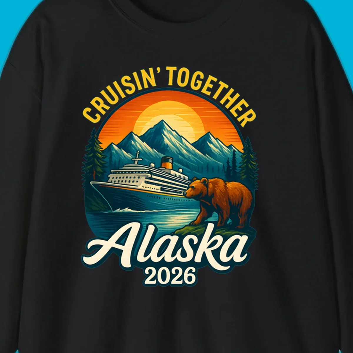 Vintage style illustration for an alaska cruisin together bear ship cruise. A ship sails past mountains, a bear stands on shore.