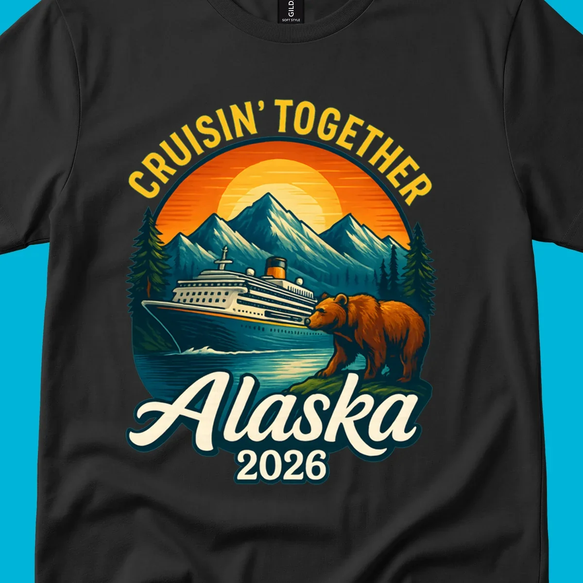Vintage style illustration for an alaska cruisin together bear ship cruise. A ship sails past mountains, a bear stands on shore.