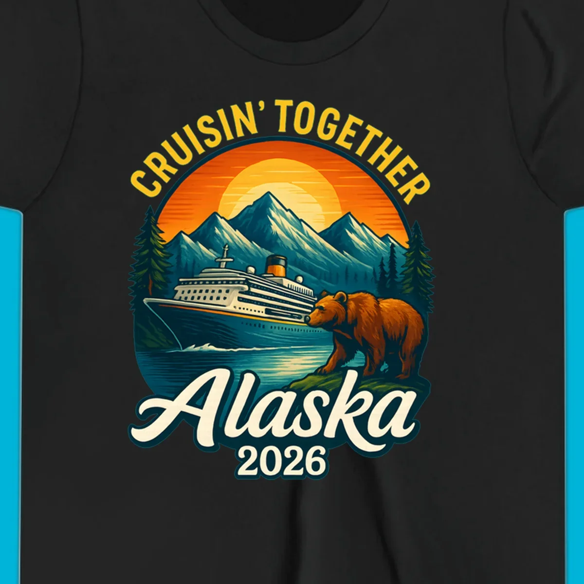 Vintage style illustration for an alaska cruisin together bear ship cruise. A ship sails past mountains, a bear stands on shore.