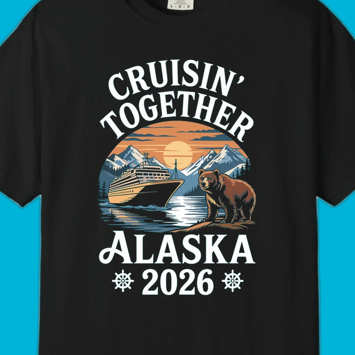 A scenic illustration for a cruisin-together-alaska-2026 trip, showing a cruise ship, mountains, a sun, and a bear.