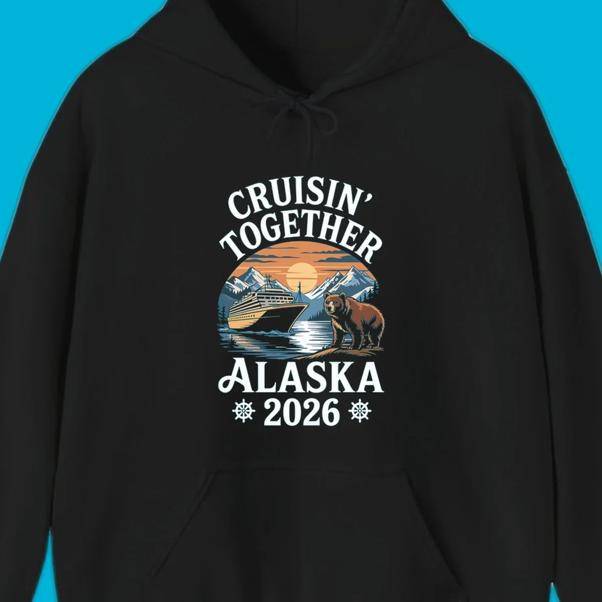 A scenic illustration for a cruisin-together-alaska-2026 trip, showing a cruise ship, mountains, a sun, and a bear.